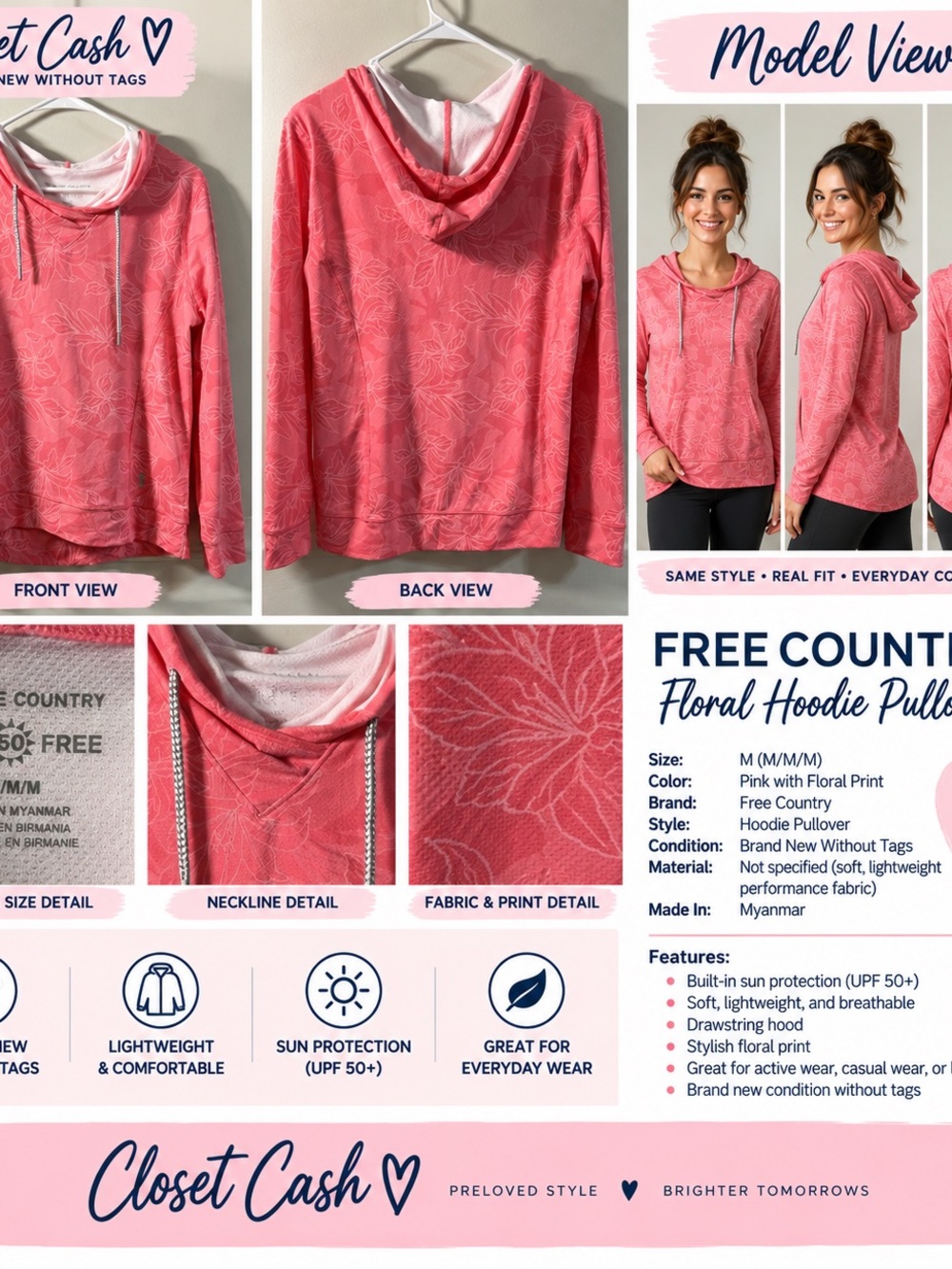 Free Country Pink Floral Hoodie Pullover